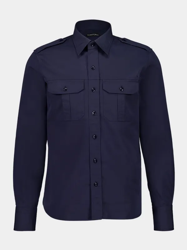 Navy Blue Long-Sleeve Military Shirt in Fluid Cotton and Silk sold by Fashion Clinic