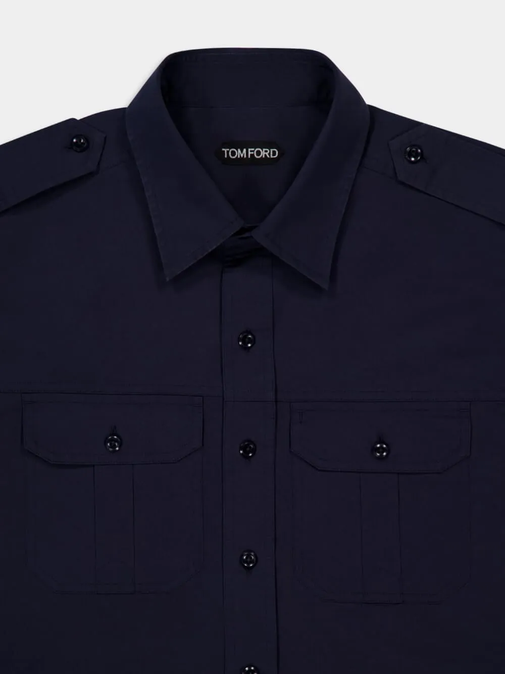 Navy Blue Long-Sleeve Military Shirt in Fluid Cotton and Silk sold by Fashion Clinic product image thumbnail 3