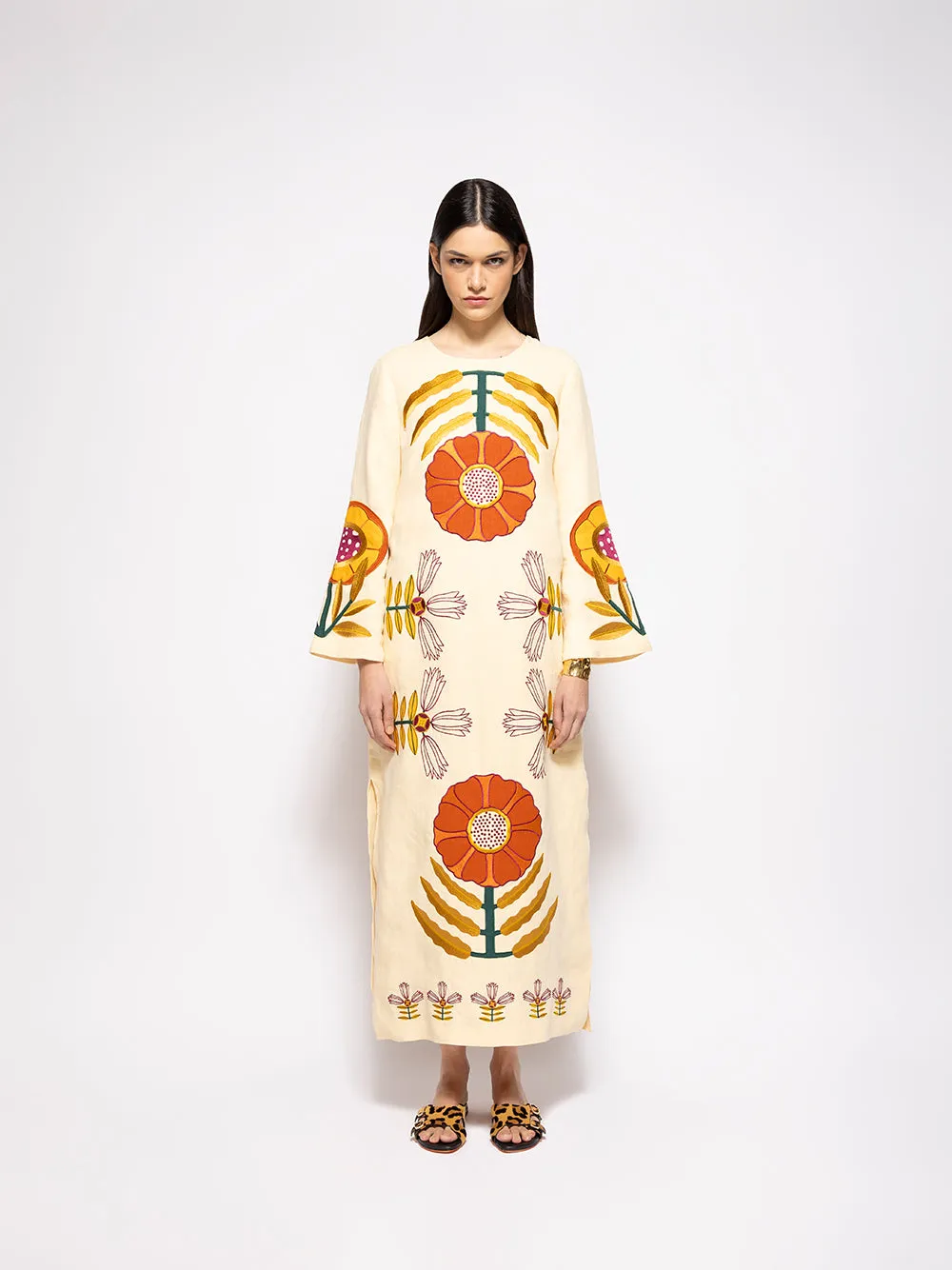 Shirley Vanilla Custard Embroidered Linen A-Line Dress sold by Fashion Clinic product image thumbnail 3