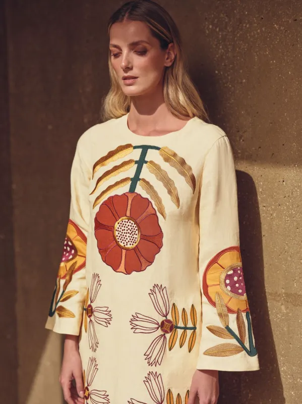 Shirley Vanilla Custard Embroidered Linen A-Line Dress sold by Fashion Clinic