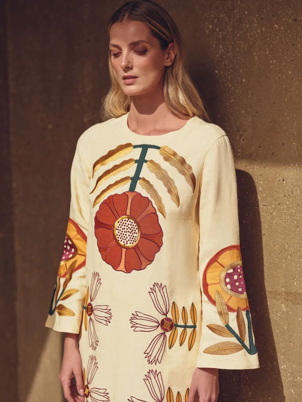 Shirley Vanilla Custard Embroidered Linen A-Line Dress sold by Fashion Clinic