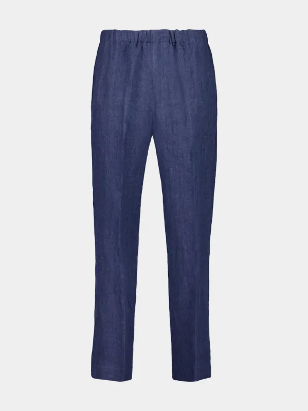 Blue Linen Straight-Leg Trousers sold by Fashion Clinic