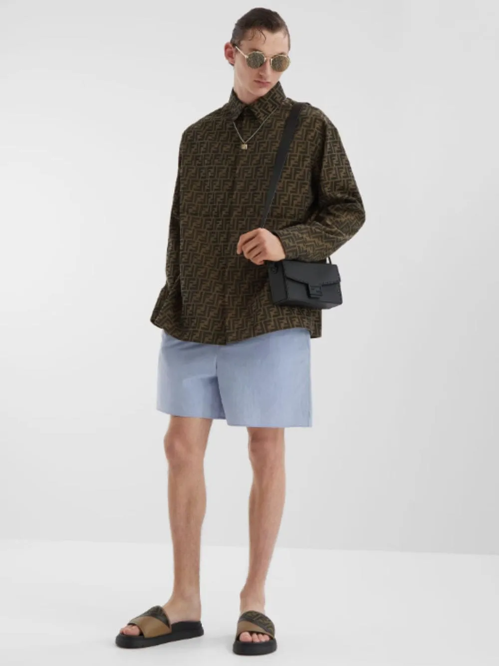 Brown FF Jacquard and Beige Leather Slides sold by Fashion Clinic product image thumbnail 2