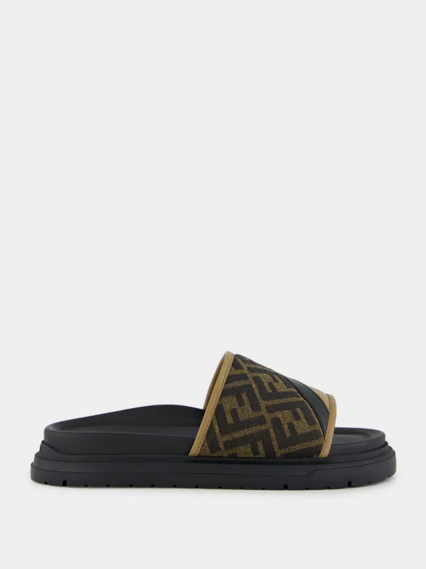 Brown FF Jacquard and Beige Leather Slides sold by Fashion Clinic