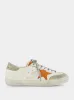 White and Orange Superstar Sneakers with Suede Heel sold by Fashion Clinic
