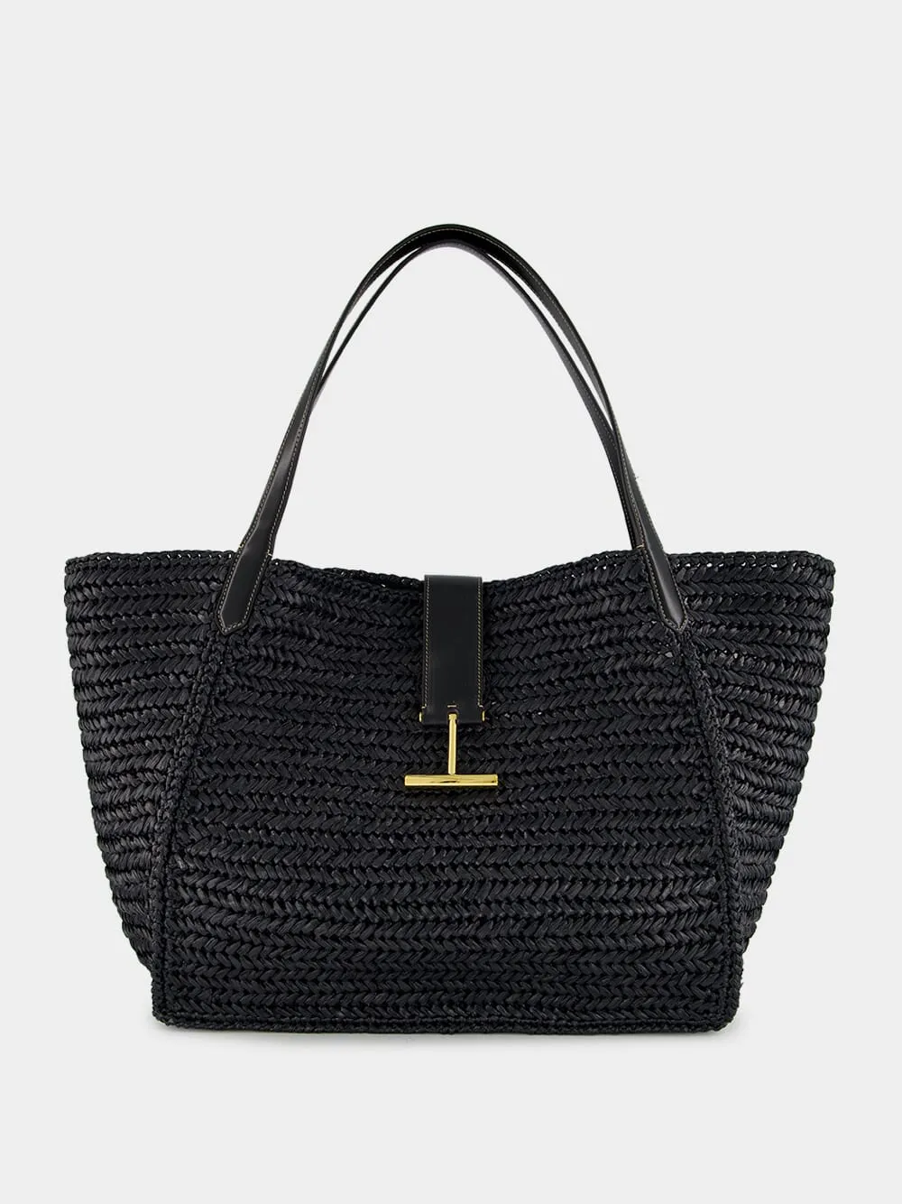 Black Tara Raffia and Leather Large Tote Bag sold by Fashion Clinic