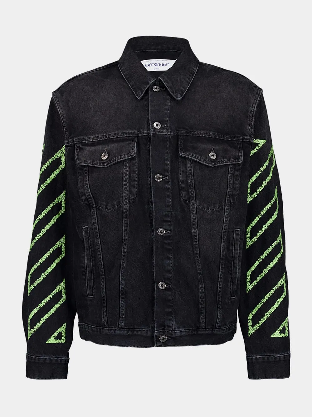 Black Arrow Denim Jacket with Stitch Detailing sold by Fashion Clinic