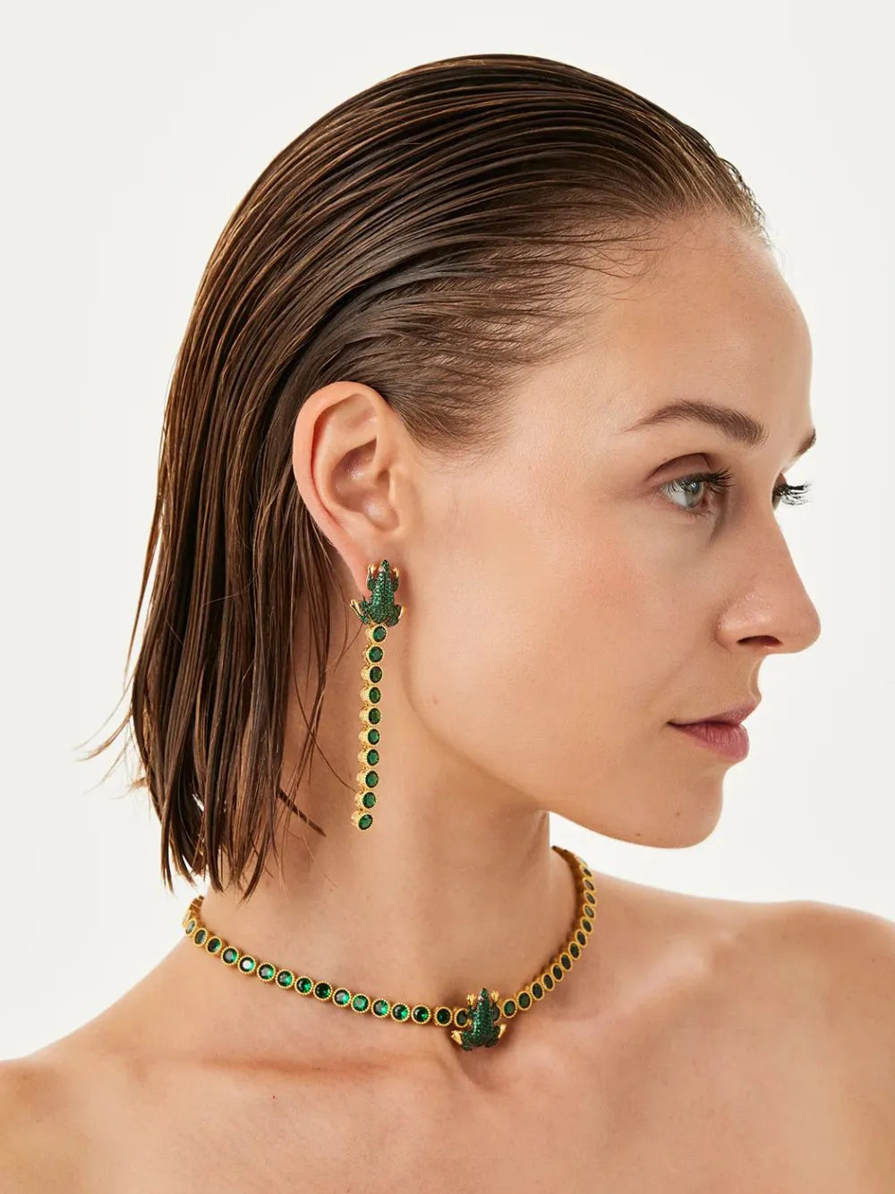 Green Frog Tennis Earrings sold by Fashion Clinic
