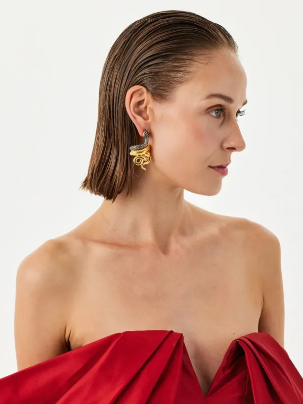 Gold-Plated Snake Earrings in Black sold by Fashion Clinic