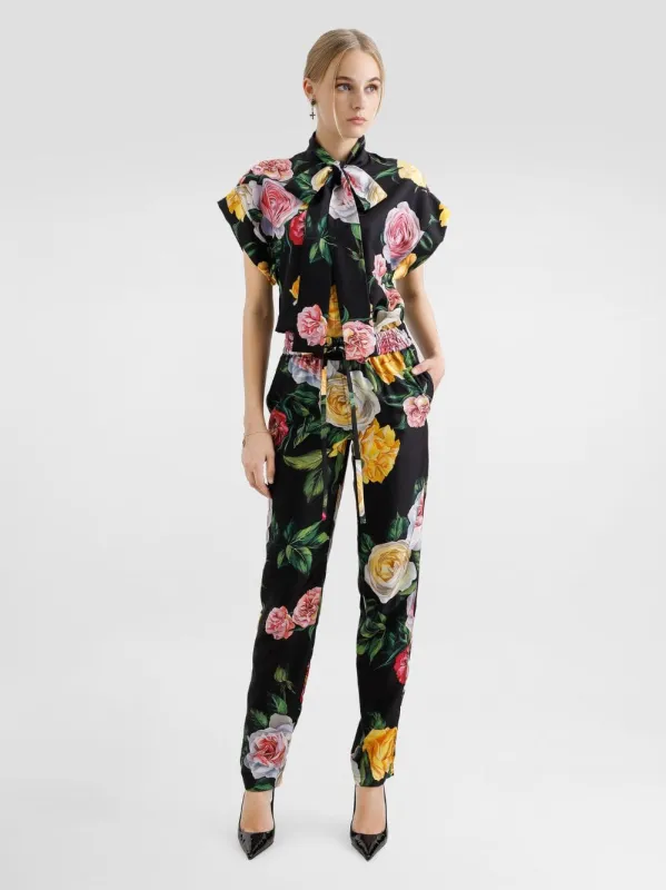 Black Silk Shirt with Peony & Rose Print made by Dolce & Gabanna