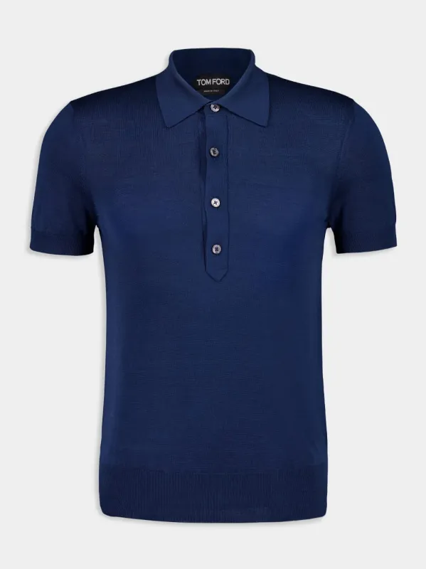 Sapphire Blue Silk Viscose Short-Sleeve Polo sold by Fashion Clinic