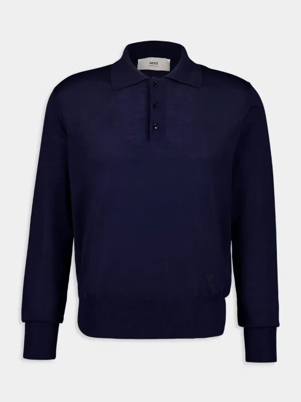 Navy Blue Long-Sleeve Wool Silk Polo sold by Fashion Clinic