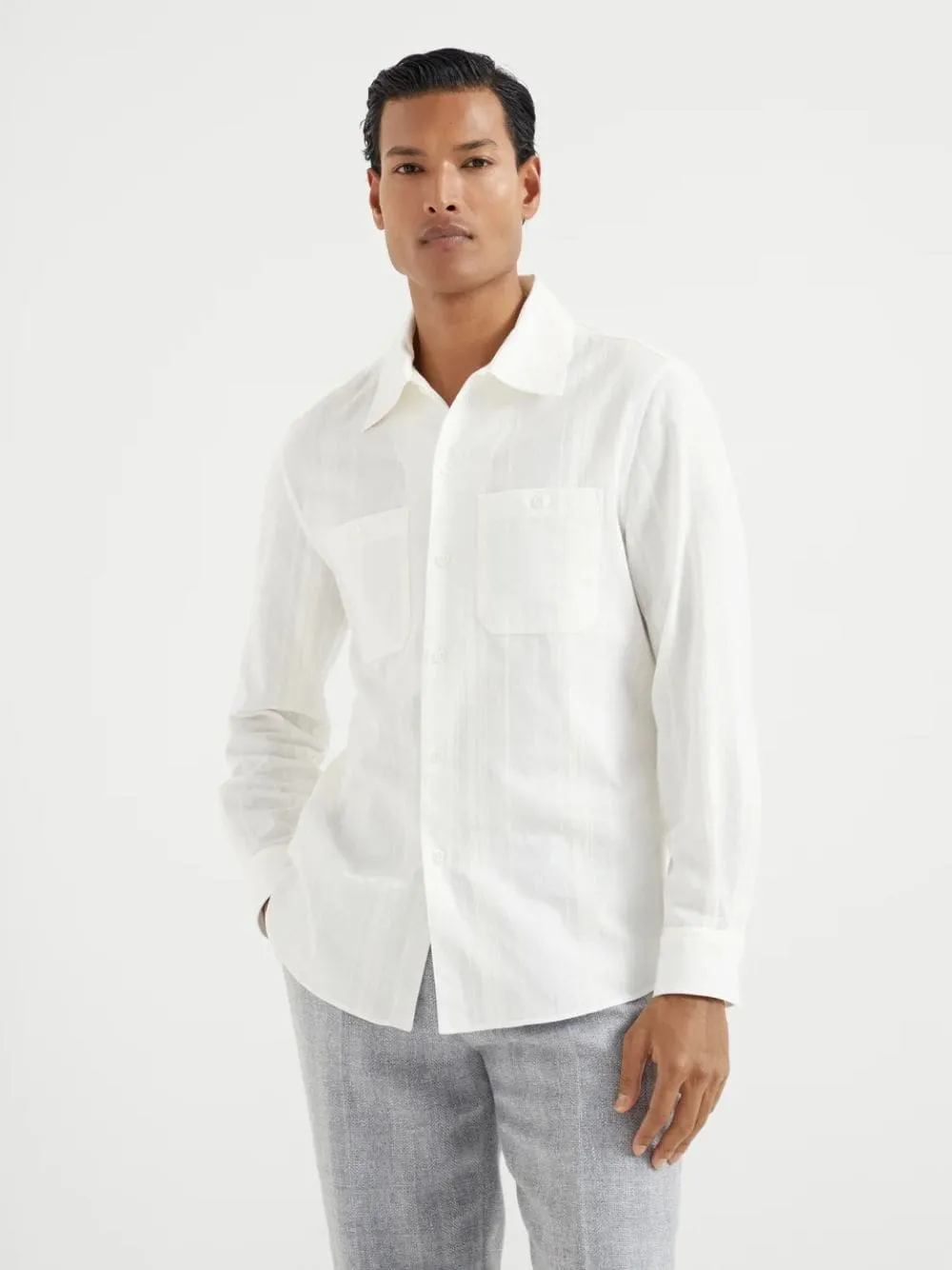 White Tone-on-Tone Jacquard Stripe Shirt with Chest Pockets sold by Fashion Clinic