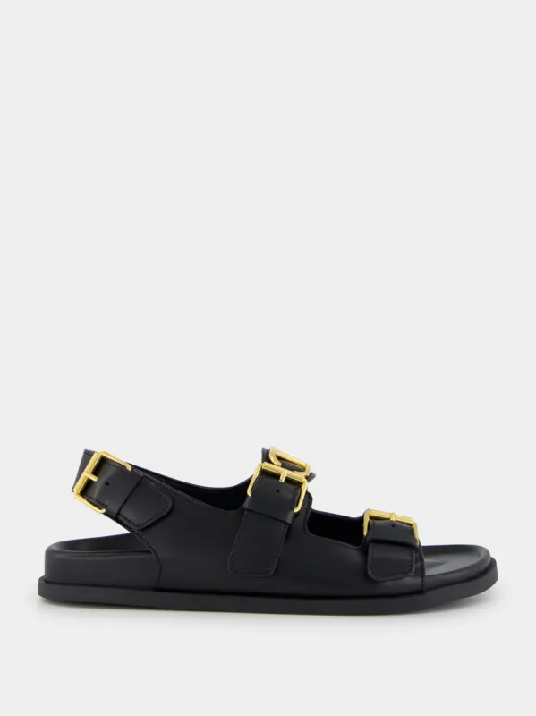 Black Flat Leather Sandals with VLogo Buckles made by Valentino Garavani