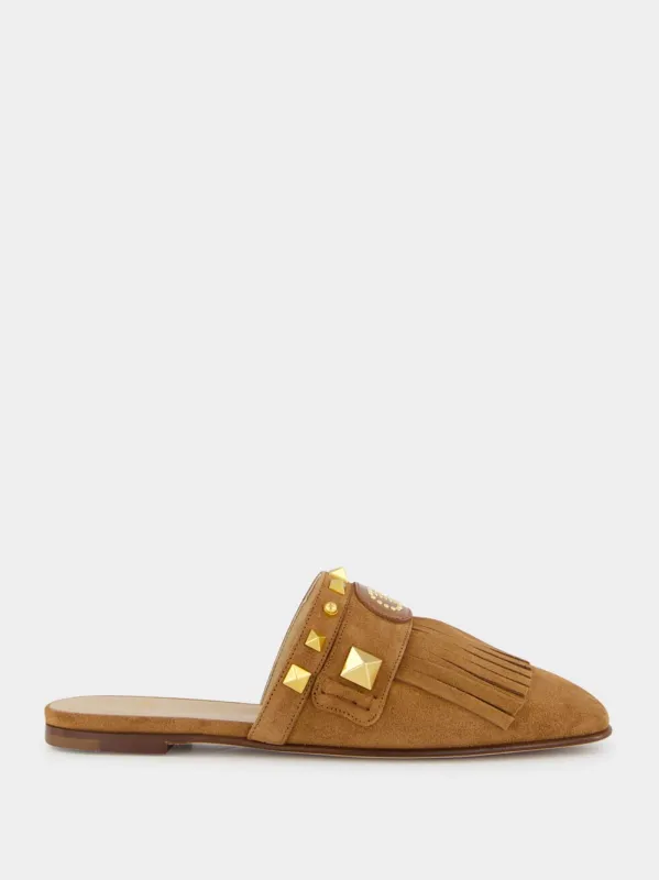 Copper Brown Suede Flat Slippers with Rockstuds sold by Fashion Clinic