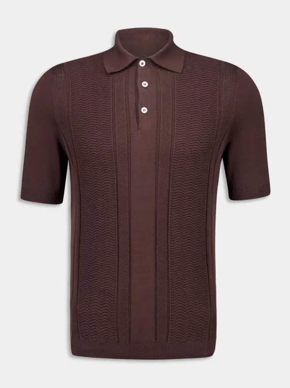 Dark Brown Cotton Knit Polo with Jacquard Stripes sold by Fashion Clinic
