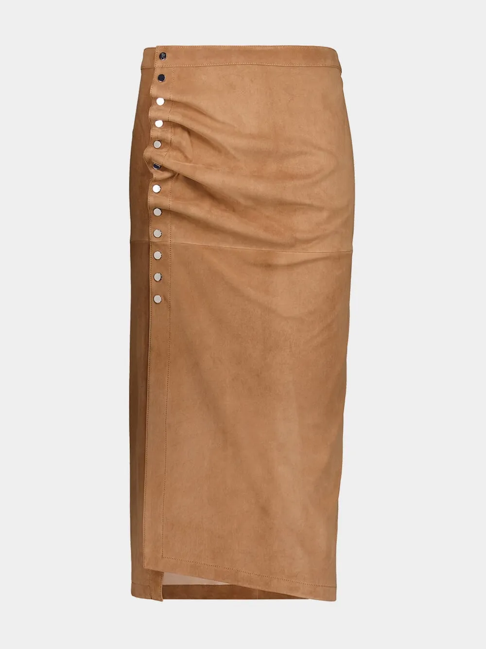 Caramel Draped Suede Midi Skirt sold by Fashion Clinic