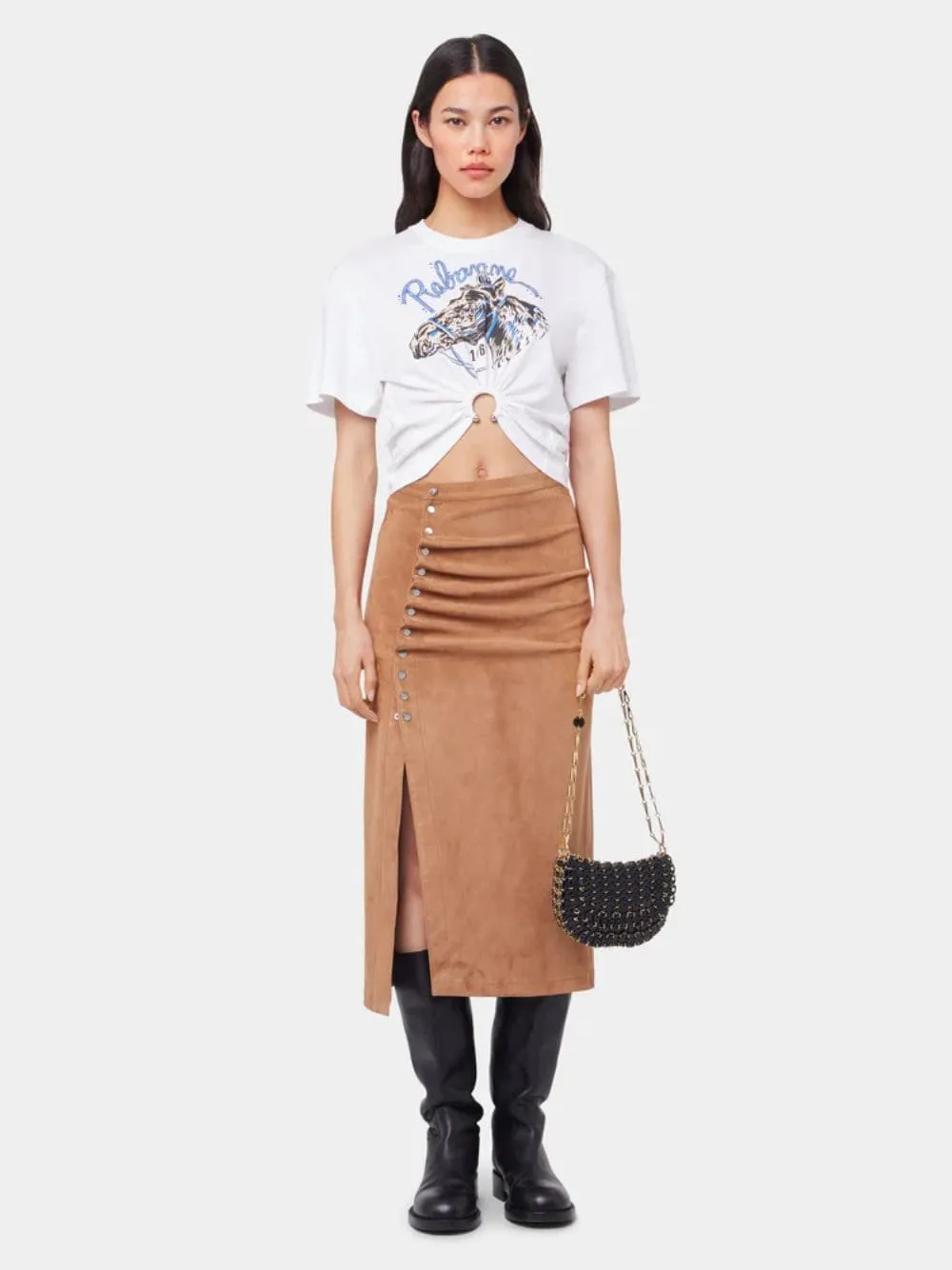 Caramel Draped Suede Midi Skirt sold by Fashion Clinic product image thumbnail 2