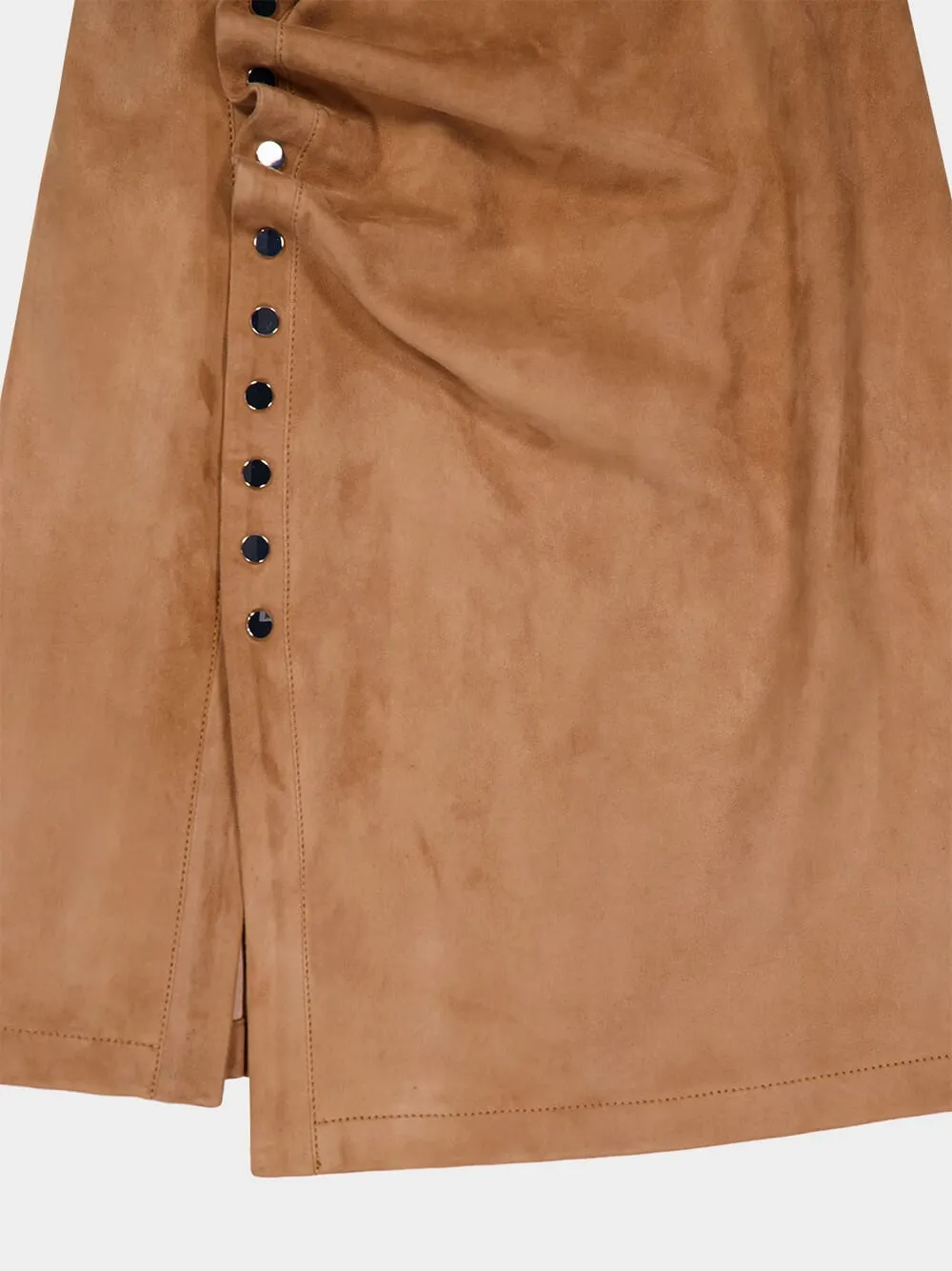 Camel Draped Suede Mini Dress sold by Fashion Clinic product image thumbnail 4
