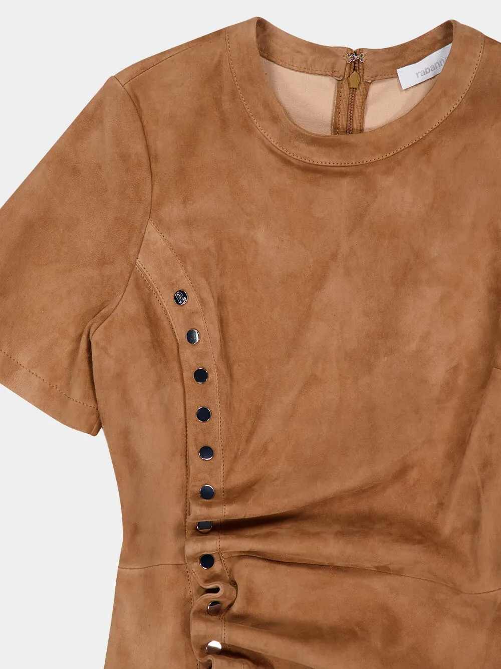 Camel Draped Suede Mini Dress sold by Fashion Clinic product image thumbnail 3