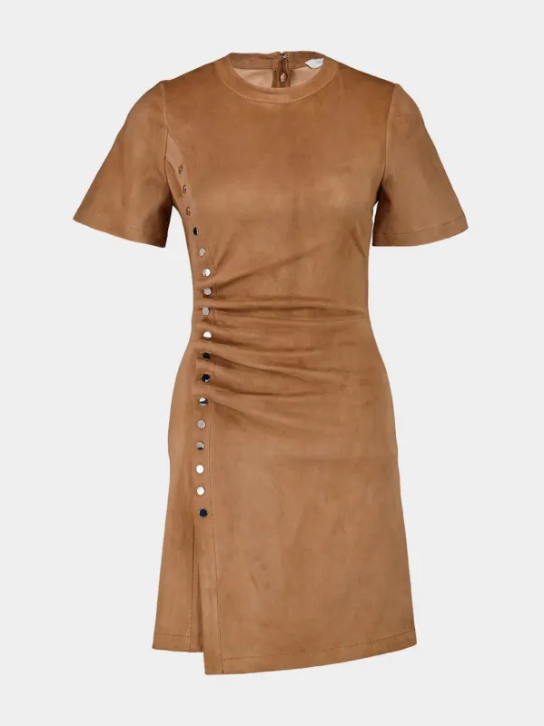 Camel Draped Suede Mini Dress sold by Fashion Clinic
