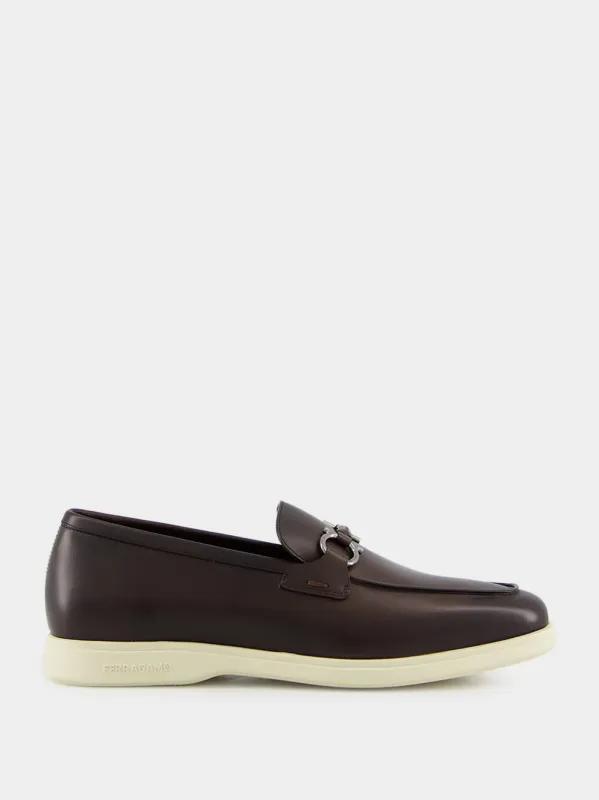 Dark Brown Calfskin Loafers with Gancini Ornament sold by Fashion Clinic