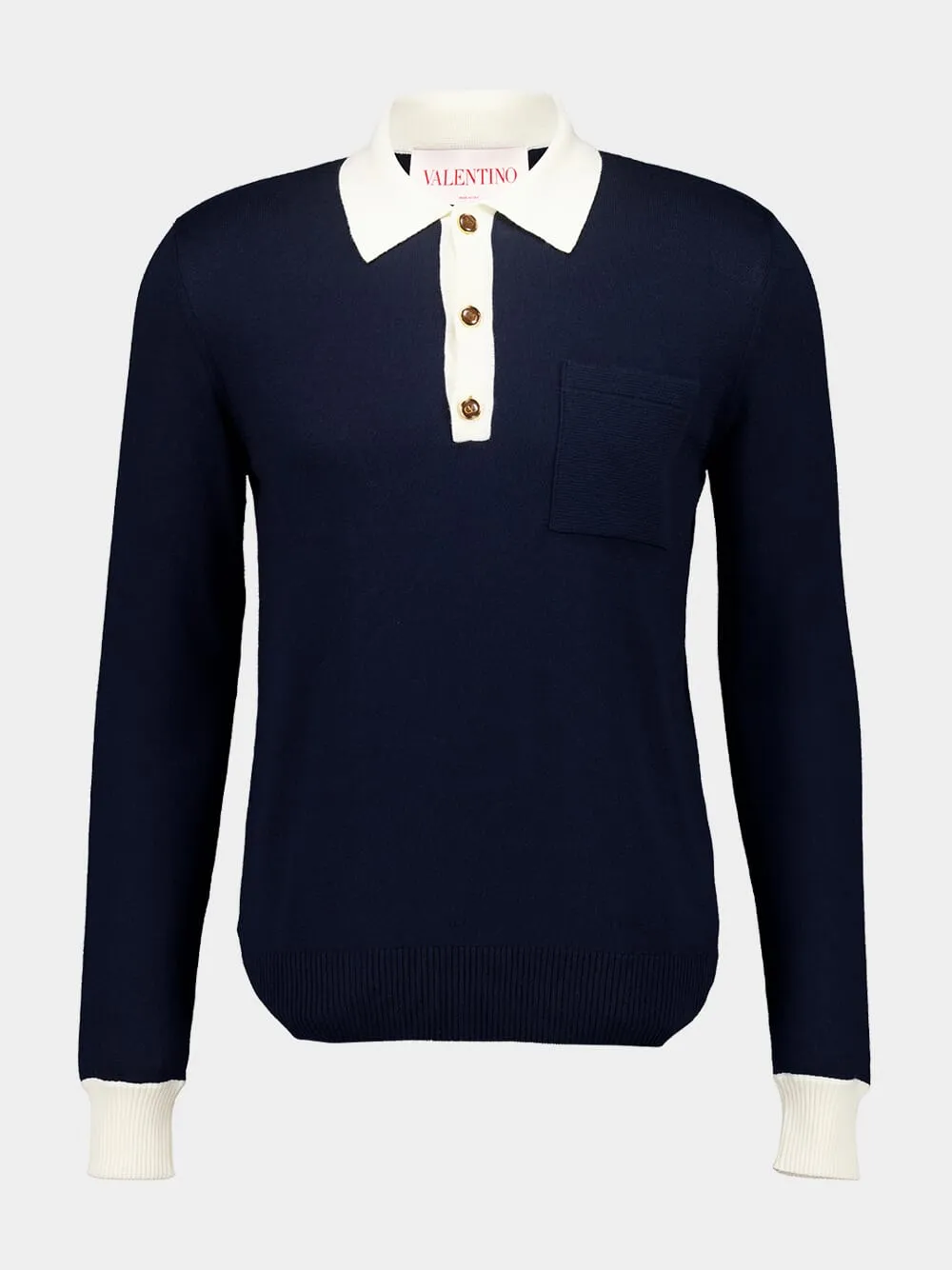 Indigo Long-Sleeved Cotton Polo Shirt sold by Fashion Clinic