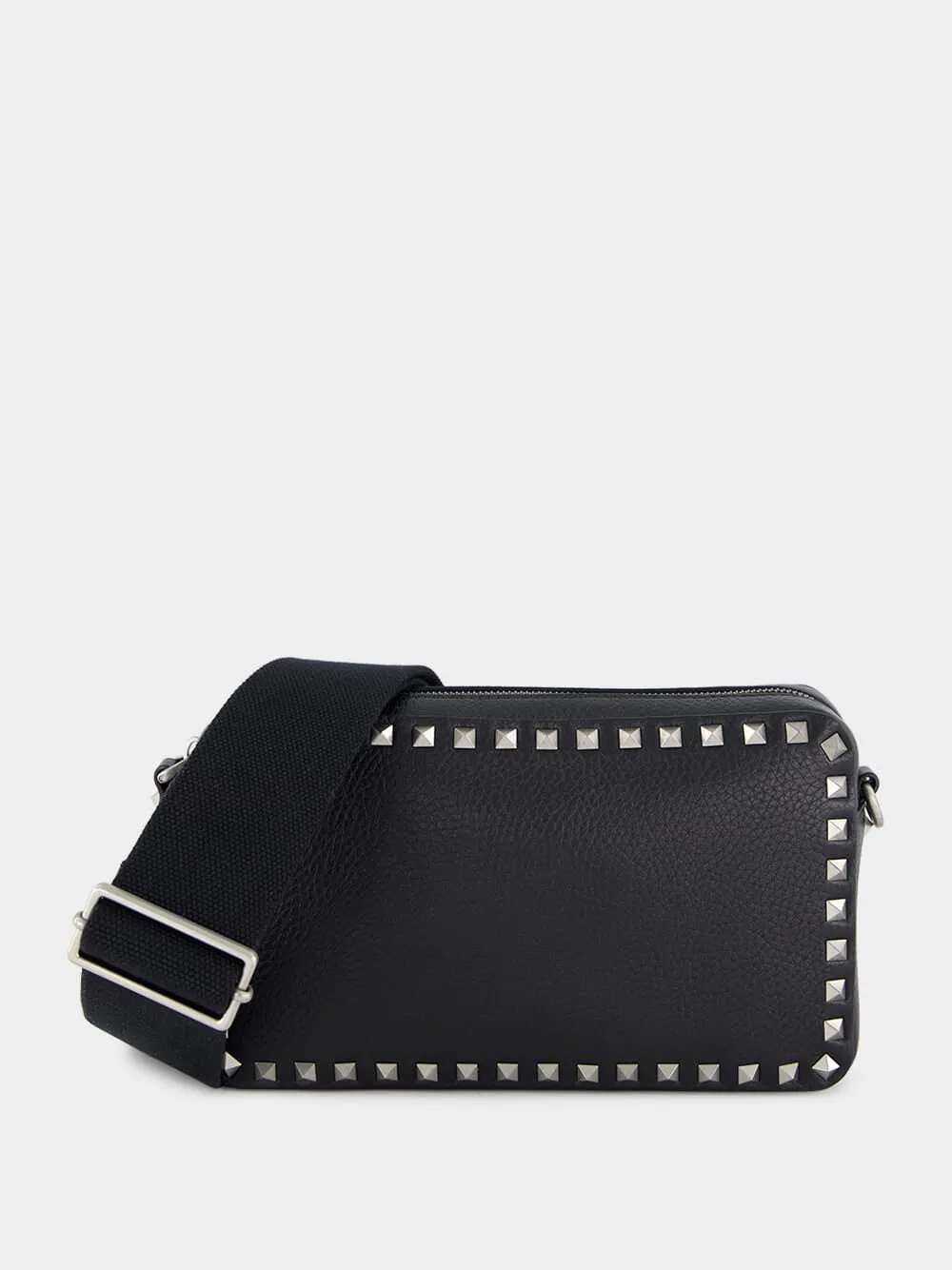 Black Rockstud Grained Leather Crossbody Bag sold by Fashion Clinic