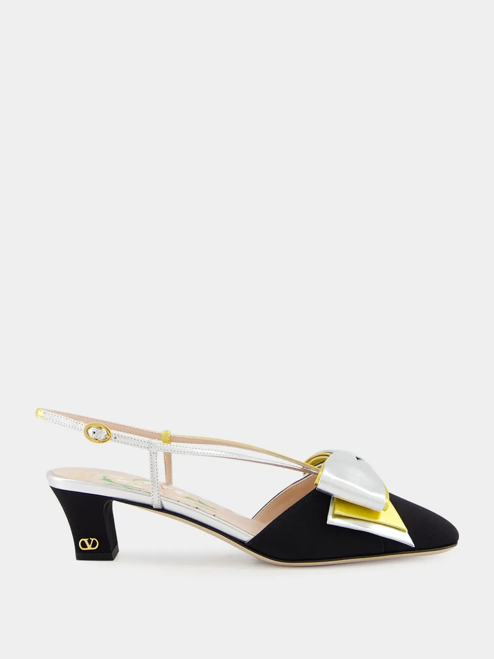 Black and Silver Bowow Slingback Pumps in Moiré Fabric sold by Fashion Clinic