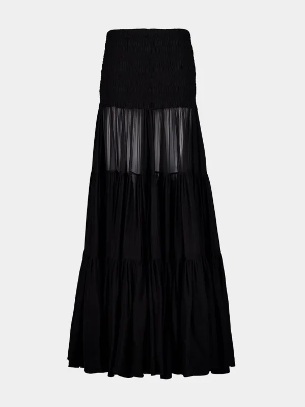 Black Ruffled Maxi Skirt in Silk Crepe Muslin sold by Fashion Clinic