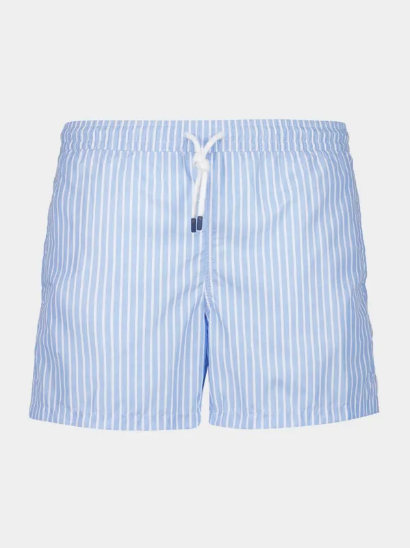 Steel Blue Striped Swim Trunks sold by Fashion Clinic