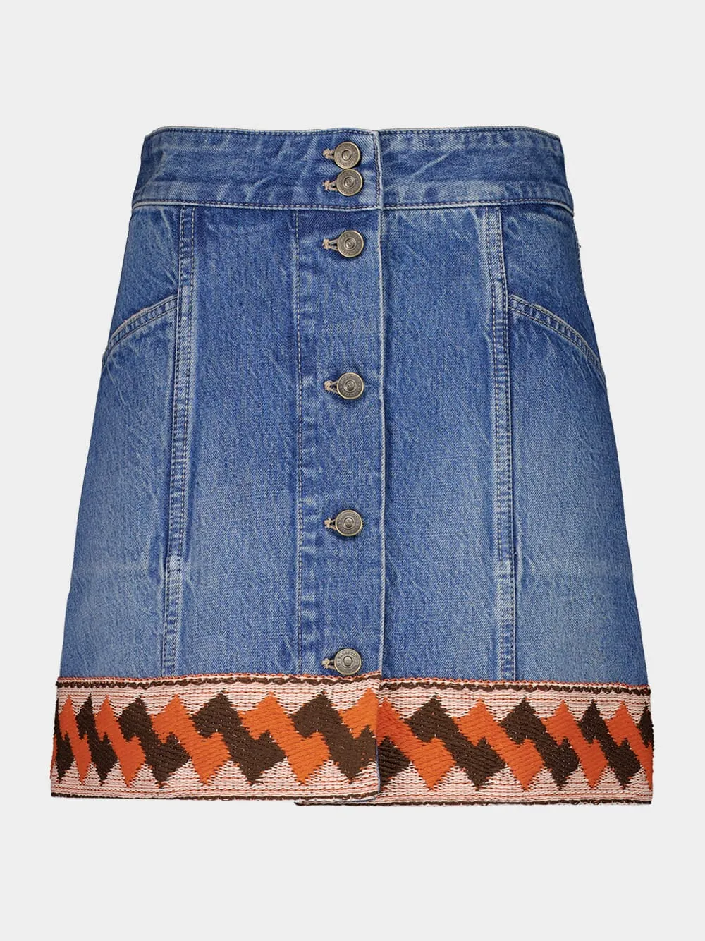 Blue Denim Skirt with Jacquard Trims sold by Fashion Clinic