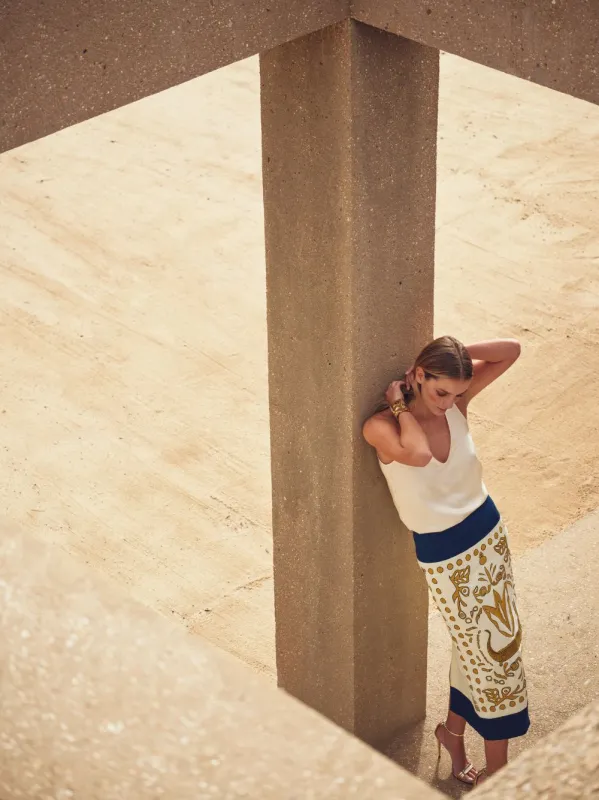 Elizabeth Vanilla Custard Embroidered Pencil Skirt sold by Fashion Clinic