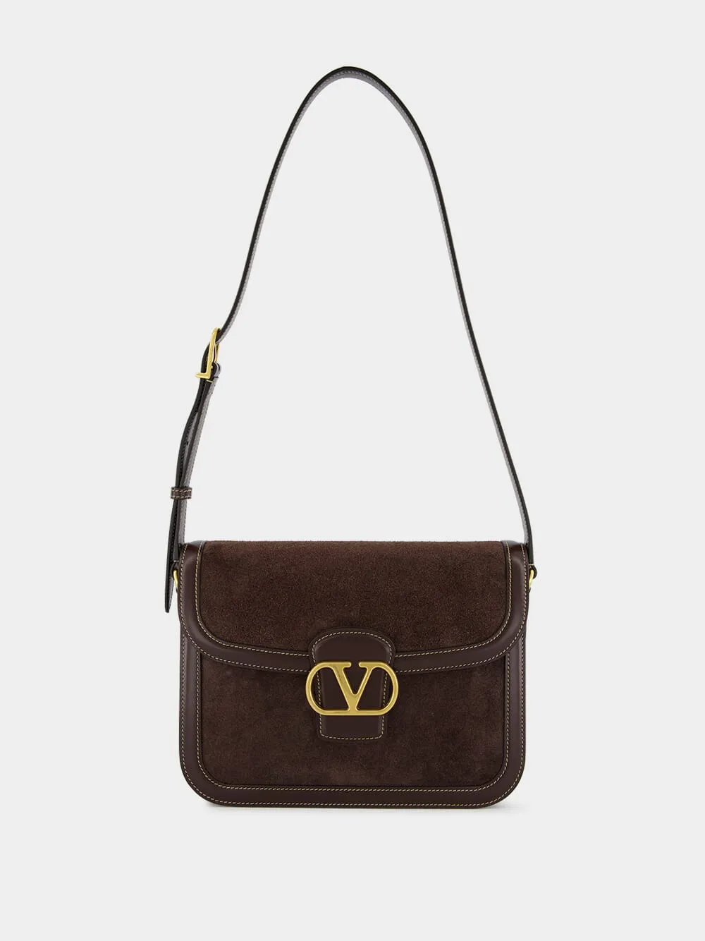 Dark Brown Suede Shoulder Bag with Brass Logo sold by Fashion Clinic