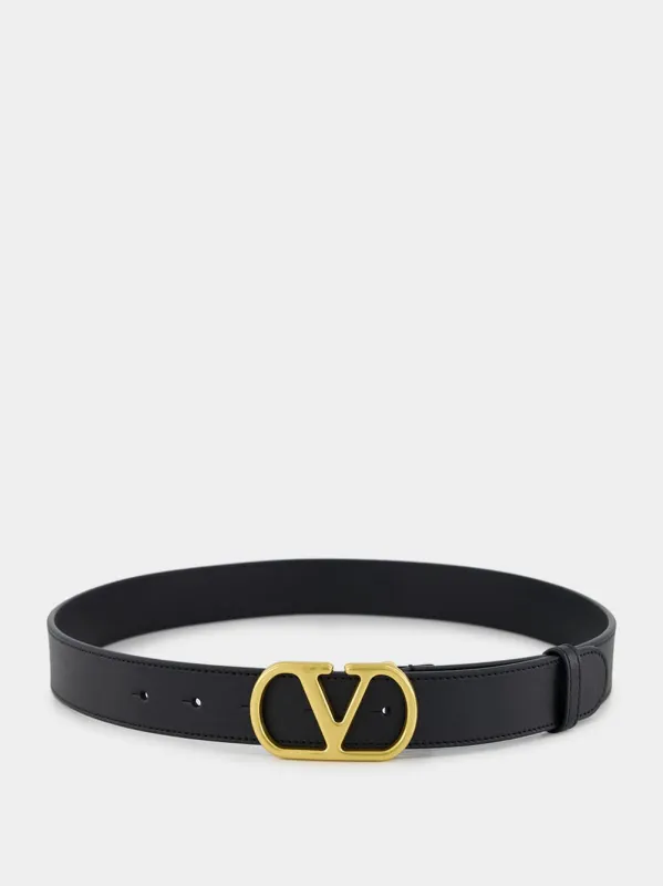 Black VLogo Signature Belt in Shiny Calfskin sold by Fashion Clinic