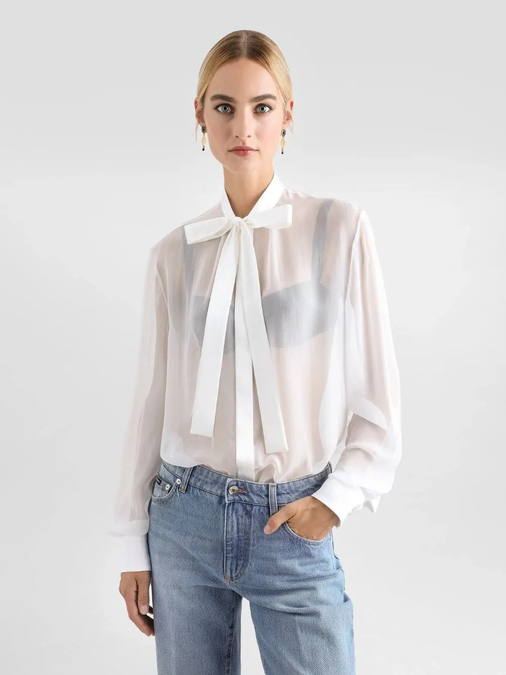 White Silk Chiffon Bow-Tie Shirt sold by Fashion Clinic product image thumbnail 2