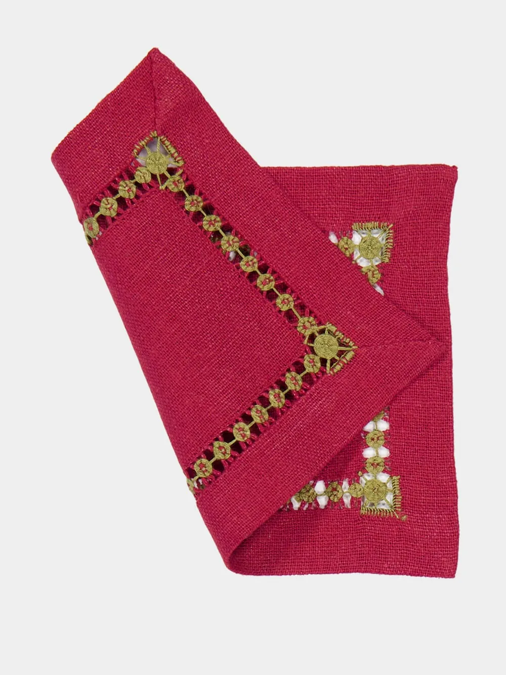 Hand Embroidered Maria Red and Green Cocktail Napkin sold by Fashion Clinic product image thumbnail 2