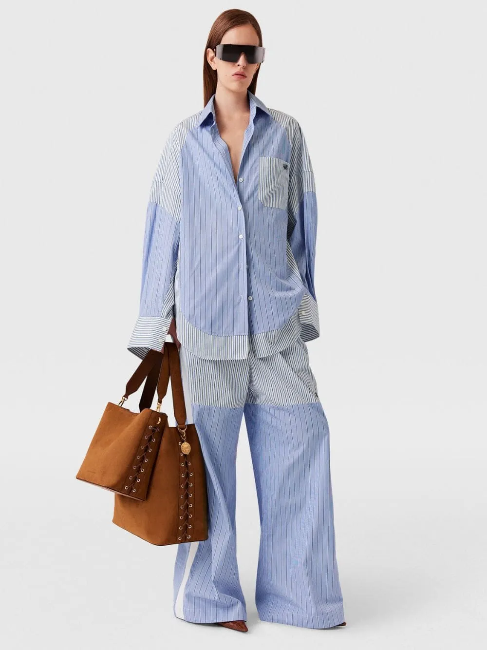 Light Blue Wide-Leg Mixed Stripe Trousers sold by Fashion Clinic