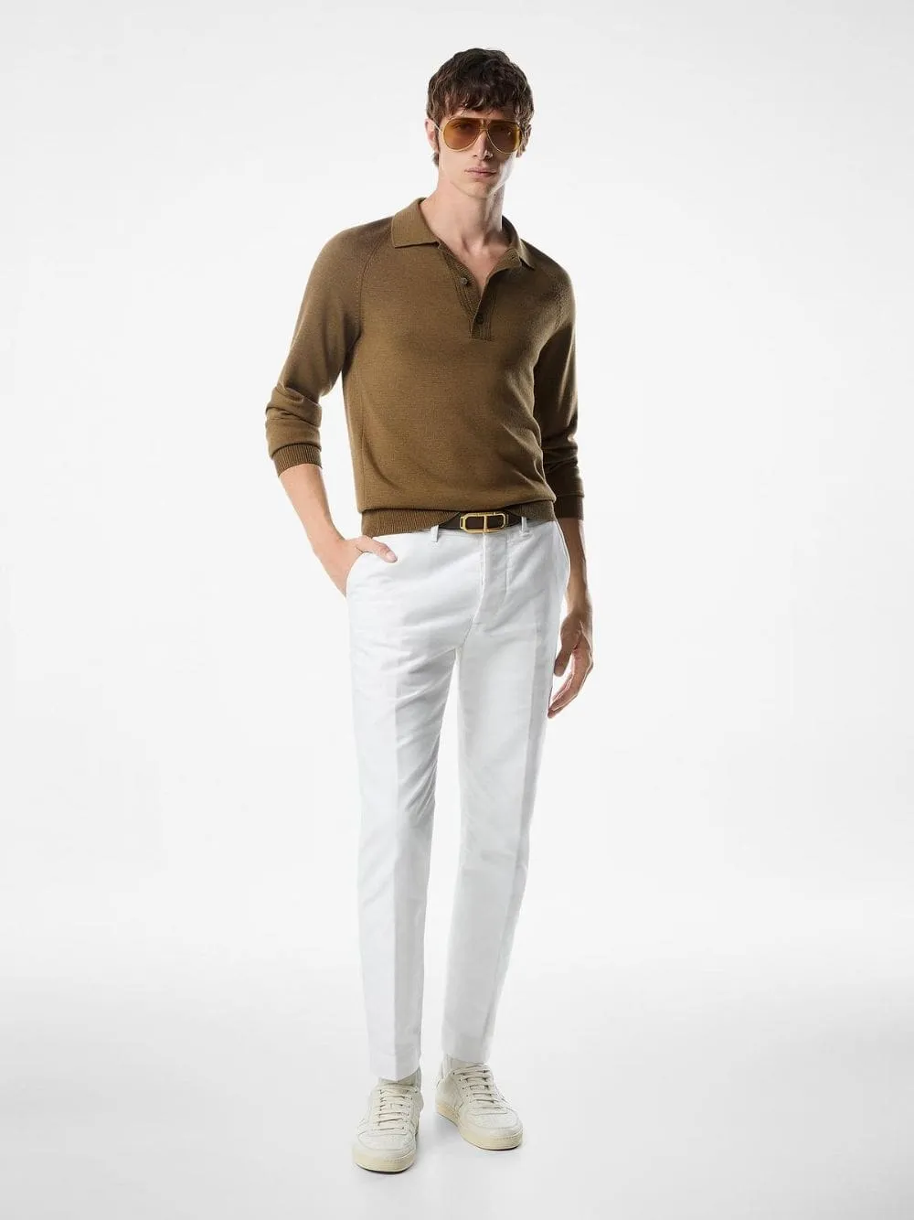 White Cotton Satin Chino Trousers sold by Fashion Clinic
