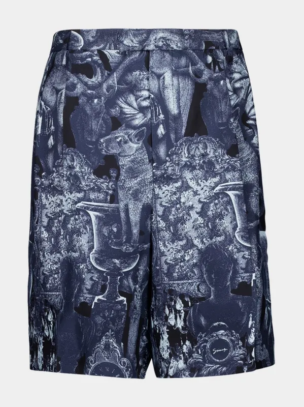 Navy Silk Bermuda Shorts with Hubert Objects Print sold by Fashion Clinic