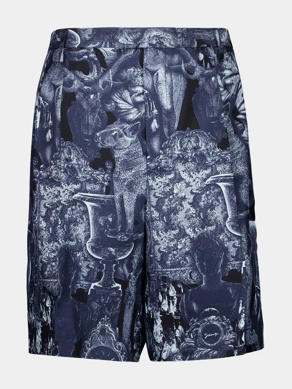 Navy Silk Bermuda Shorts with Hubert Objects Print sold by Fashion Clinic