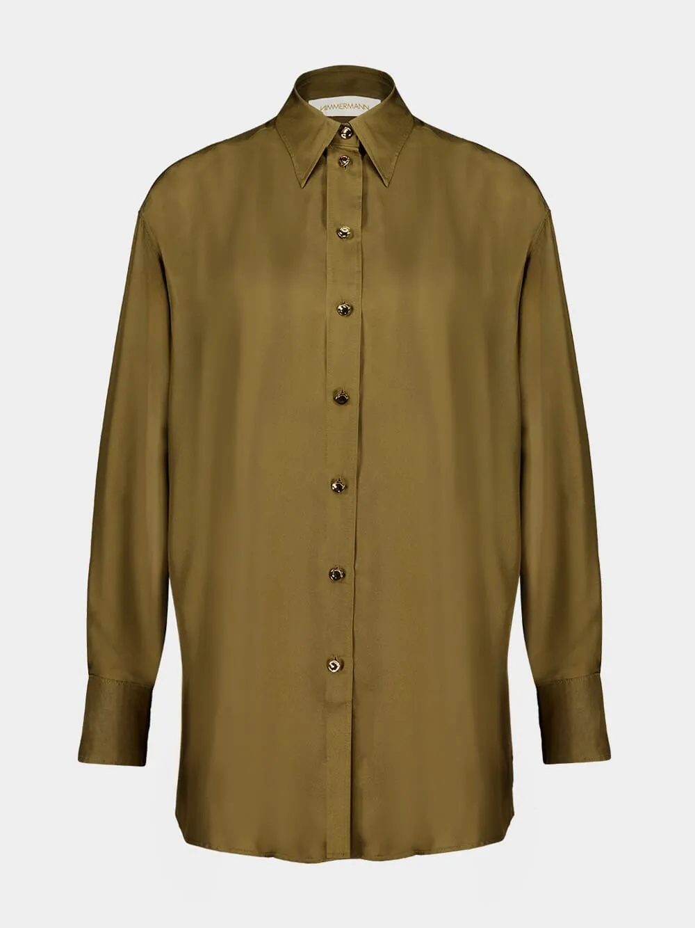 Olive Green Silk Button-Up Shirt sold by Fashion Clinic