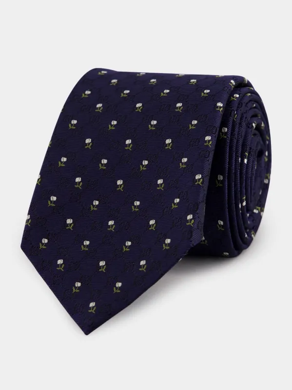 Dark Blue GG Floral Silk Tie sold by Fashion Clinic