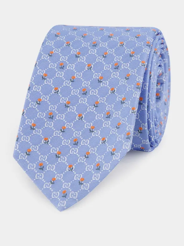 Light Blue GG Floral Silk Tie sold by Fashion Clinic