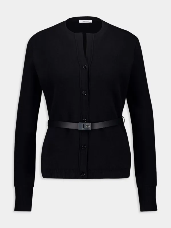 Black Wool Cardigan with Leather Belt sold by Fashion Clinic