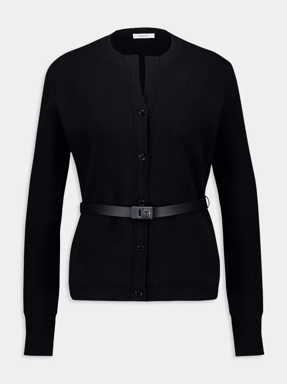 Black Wool Cardigan with Leather Belt sold by Fashion Clinic