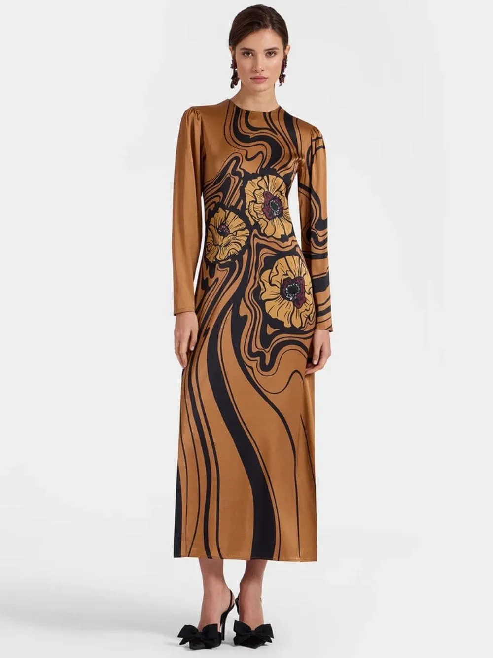 Brown Big Blooms Long-Sleeve Stretch Satin Dress sold by Fashion Clinic