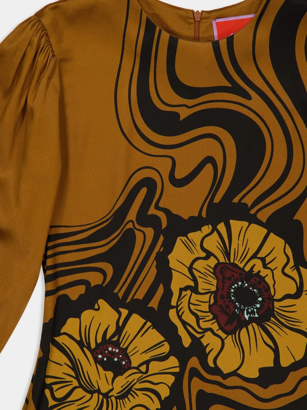 Brown Big Blooms Long-Sleeve Stretch Satin Dress sold by Fashion Clinic product image thumbnail 5