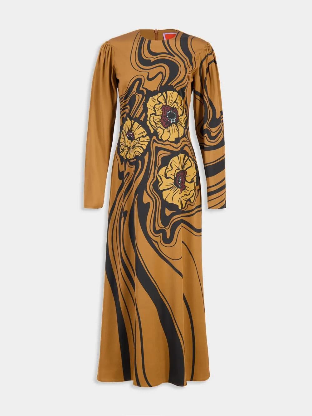 Brown Big Blooms Long-Sleeve Stretch Satin Dress sold by Fashion Clinic product image thumbnail 2