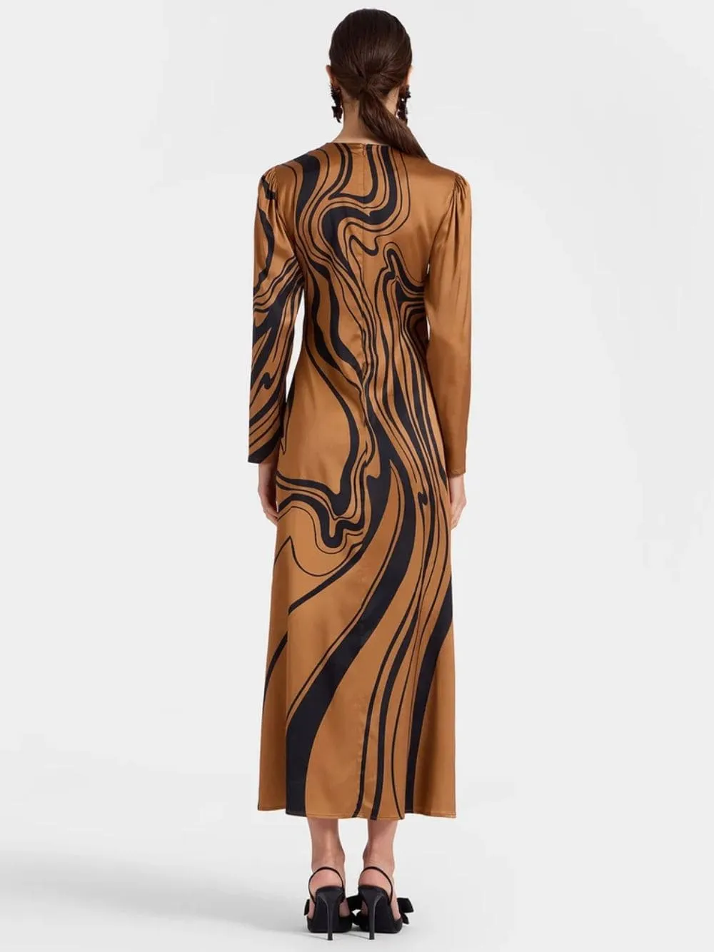 Brown Big Blooms Long-Sleeve Stretch Satin Dress sold by Fashion Clinic product image thumbnail 3